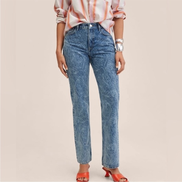 NWT MANGO Medium Blue Paisley Mid-rise straight leg jeans 1 MNG sustainable - Picture 8 of 13
